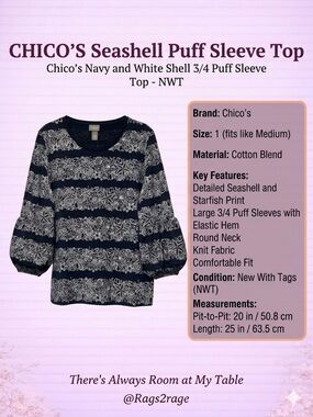Chico's NWT Navy Blue & White Seashell Puff Sleeve Top coastal Shell Size 1 M